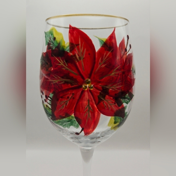 Hand Painted Poinsettia Wine Glasses with Gold Trim – Christmas Set of 2 - Picture 7 of 8